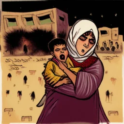 A Palestinian woman wearing the Palestinian dress carries her dead son as she screams and cries at night, with explosions in refugee tents behind her.