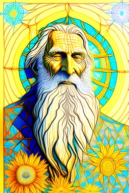 Portrait of Moses the patriarch in a zen happy mood the desert fantasy with sacred geometry, use the sun flowers colours of van gogh, in a caran d ache pencils