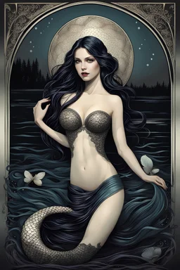 Beautiful mermaid on a lake, wet and dense, mysterious, siren, unholy, creepy, horror, dark, intricate design and details, dramatic lighting, photorealistic, cinematic,