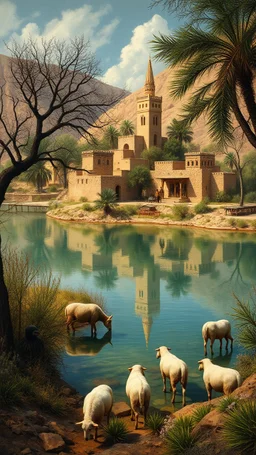 Hieronymus Bosch style , Morocco old Arabian oasis with water lakes and trees and sheep’s drinking from the lake surrounded with old houses and minaret