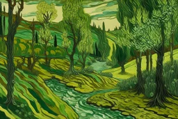 An olive green nuclear forest with a poisonous river painted by Vincent van Gogh