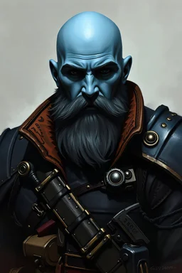Warhammer 40k Bald with beard Human Rogue trader Blue and black commandant Jacket full portrait