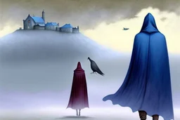 two people in capes and hoods seen from behind walking side by side in an empty foggy plain, above there is blue sky by artist "Leonora Carrington",by artist "Christian Schloe"