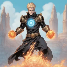 A 25 years boy persian in matte black robes with flaming eyes with grin with flaming light blue pupils stands atop a squire Two infinity gauntlets contain six infinity stones, one of which is made with nano In the hands of a powerful man walking While standing on a majestic height from afar