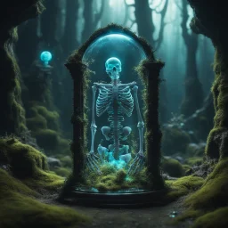 gigantic bioluminescent scarry glass skeleton merge from mossy wooden galactic portal, bright colors, glowing sparkle particles, dark tone, sharp focus, contrast, 8k, incredible depth, dramatic lighting, beautifully intricate details, clean environment, epic dynamic scene