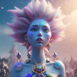 blu and violet landsacape with multicolored crystals falling from the sky, full of details, smooth, bright sunshine，soft light atmosphere, light effect，vaporwave colorful, concept art, smooth, extremely sharp detail, finely tuned detail, ultra high definition, 8 k, unreal engine 5, ultra sharp focus white hairs