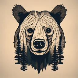 M shaped bear head combined with woods silhouette in backround, letterpress style, minimalistic pencil art