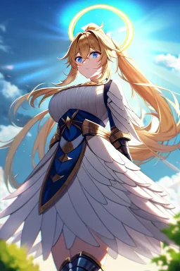 girl, masterpiece, best quality, cinematic lighting, detailed outfit, vibrant colors, perfect eyes, blue eyes, long hair, golden hair, messy hair, hair between eyes, depth of field, ray tracing, ponytail, armored dress, white wings, halo, looking down, outdoors, sunlight, god rays, light rays, clouds, lens flare,