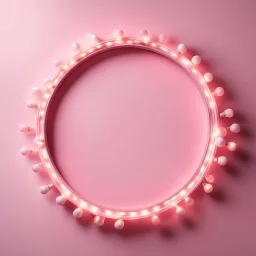 A pink round picture frame with round light bulbs all around on a light background to remove