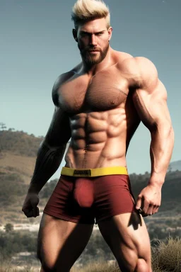 Ignore NSFW, teenager young rugged attractive slightly muscular fantasticly handsome blonde man, red briefs with yellow belt, hairy chest, (((visibly pisssing))) briefs, large erect visible boner peniss, photorealistic, artist Jay Anacleto, soft lighting, scruffy beard