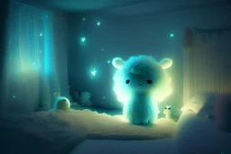 bioluminescent chibi alpaca fairy in a bedroom in starshine, mist