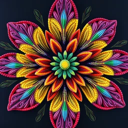 a close up of a colorful flower on a black background, a mosaic, by Joy Garnett, kinetic pointillism, intricate 3 d sculpture, symmetric indian pattern, fractal lace, made out of sweets, viewed from below, guilloche