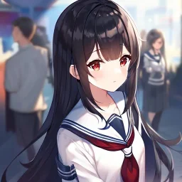 Clear focus, high resolution, black long fluffy hair, red eyes, wearing a sailor uniform, Style Video Game