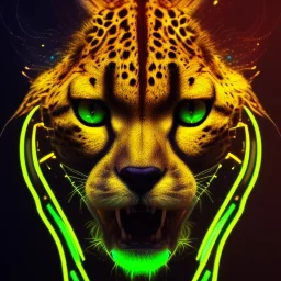 A beautiful portrait of a cyborg cheetah yellow neon color scheme, high key lighting, volumetric light high details psychedelic background