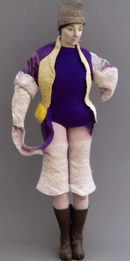 Fleshy woman, thick thighs, thick calves, european. Mantle is sewed of recycled Denim and sewed together of recycled polymer felt. Camouflage colors are terracotta, cream and purple, lilac. Cream latex gaiter. Yellow(Munsell)!hint of orange as effect color!!Big bright purple/khaki felt tippet and cream or blue or lilac colored-hood. mantle is merged with satchel. . AKG-style headphones (gold rings!) is merged with small felt cap with small visor. Style: Haute Couture in 1998