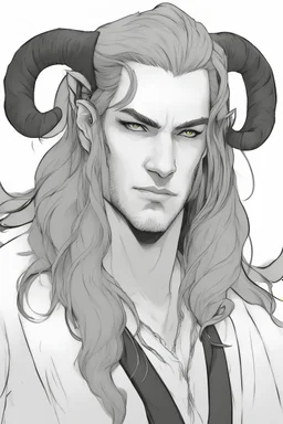A dnd character portrait, a tiefling man with long hair and two big black horns, white eyes and pale skin. Handsome. Young.