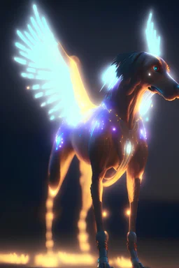 Glowing bird dog horse warrior alien , unreal engine 5, concept art, art station, god lights, ray tracing, RTX, lumen lighting, ultra detail, volumetric lighting, 3d