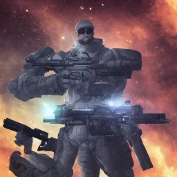 A man with a beautiful and large military rifle in the galactic space