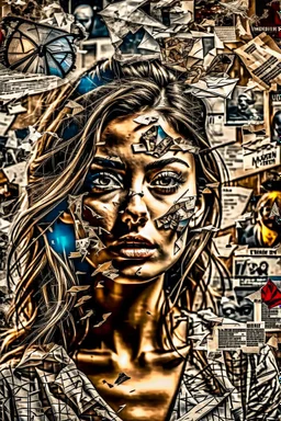 A collage about anxiety experienced by a beautiful woman, focus point of image, distant faces, ghosts, ripped pieces is newspaper clippings, suffocating, abstract, chaos, epic photo, sharp on highly detailed skin with wrinkles and high contrast, photorealistic, 4K, 3D, realism, hyperrealism, detail, good lighting, detailed texture, modern photography style, 3D, 4D, 4K