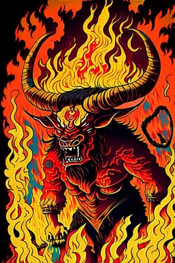 Vintage illustration of a demonic and magical brutal and angry bull made of red flames and fire, savage and obstreperous nature, Tsuguyuki Kubo art, Topcraft, vintage storybook illustration style, ornamental, fantasy folk art, psychedelic theme, inspires by 80s Japanese anime, early Studio Ghibli, fantasy animation