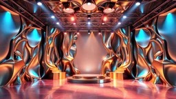 a 3d fractal stage structre made of metallic color 3d structures, pertty artistc background,dynamic lights