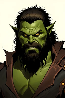 Generate a dungeons and dragons character portrait of the face of a grizzled male Half Orcs were humanoids born of both human and orc ancestry. they are taller and more stronger than your average human/ they have tough leathery skin in variations of green and eyes a golden yellow with a reptilian pupil