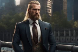 photorealistic portait of henry cavell as mercenary with long blonde hair undercut tattoo on neck smartly trimmed goatee wearing smart suit cityscape