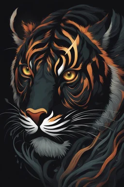 Captivating minimalist illustration of cosmic tiger, made up of intricately intertwined black flames. Her intense, bright eyes draw the viewer into her mesmerizing gaze, the pulsing energy of each flame creating a euphoric symphony within the heart. Dark background,the bright striped tail adds depth and dimension to the scene,evoking a feeling of dark fantasy, intriguing and mysterious aura. Vector pop art cinematic piece masterfully combines light and shadow, leaving the viewer in awe.Full body