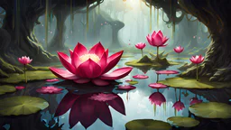 Magiskt The gathering ruby Lotus flower, growing,swamp, masterpiece