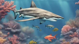 comic style, realistic coloring, underwater, coral reef, shark