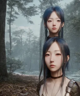 Anime girl cute neck head portrait, warrior costume, village, meditation, woods, cyberpunk, 8k quality