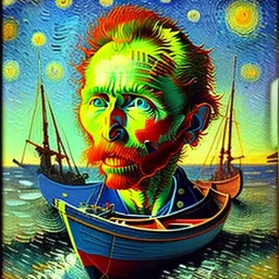 Portrait in oil of old fishermen , sunset, fantasy 8k by Van Gogh