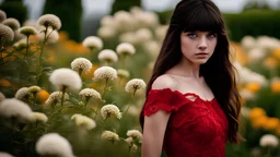 High resolution sharply focused closeup of a beautiful caucasian 17 year old girl with long wavy black hair and straight cut bangs She is wearing a red lace dress. She is in a flower garden. She is gazing demurely at the viewer.