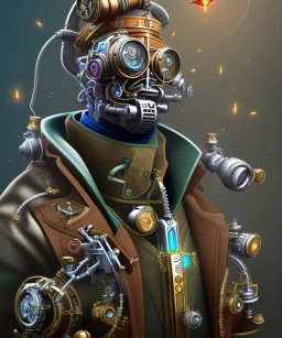 evil mechanical person with a steampunk theme, realistic