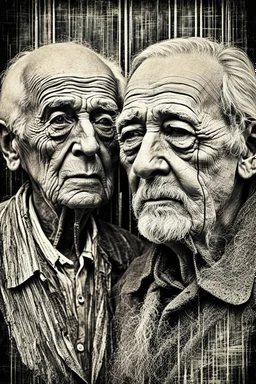 an old couple faces olae vintage photo with stronge glich technique, grey-brown, defects, graininess, white noise, lines, scratches, glitch art