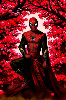 Spider-Man in black and red kimono background the Sakura tree