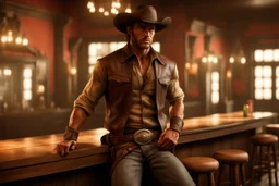 Rough looking muscular cowboy photorealistic in a saloon waiting for the bartender