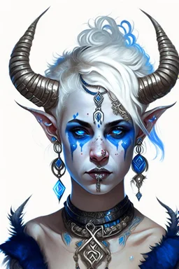 A young tiefling woman with a set of ram horns on her head encrusted with jewels, White-Blonde, short hair, black eyes, dressed in white and blue with lots of jewelry, beautiful, tattoos on her neck