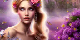 bright fairy, beautiful portrait, flowery landscape