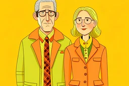 Wes Anderson cartoon of a woman and man in their 50s