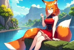 Girl, fox ears, one big fox tail, orange hair, red skirt, river, fox foot , sit on the shore, fox face