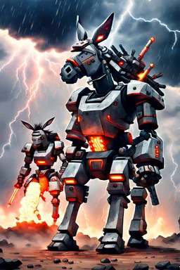 Realistic mech Donkey samarai warrior and mech donkey ninja warrior with thunderstorms in the background and fireballs falling from sky