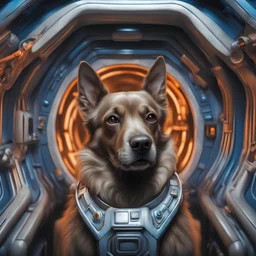 portrait of decisive dog space station commander in the style of giger, spray paint, photo realism, trending on art station, 8k, depth of field, down light, light rays, volumetric, white hall in spaceship, blue, brown and orange