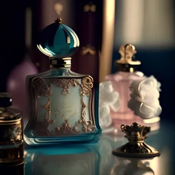 generate me an aesthetic photo of perfume for Perfume Bottles on a Vintage Vanity