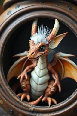 The image depicts a fantastical gremlin duck, specifically a dragon, with a unique and whimsical appearance. The dragon is positioned in a circular frame, which suggests it might be inside a container or a vessel. The dragon's body is elongated and has a segmented appearance, with a detailed texture that gives it a realistic look. Its head is covered with white, spiky hair, adding to its fantastical charm. The dragon's wings are large and spread out, with orange and white hues. Dr photo dragon.