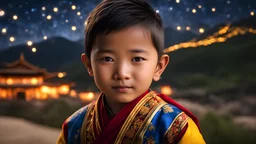 little very young Bhutan boy, handsome, peaceful, gentle, confident, calm, wise, happy, facing camera, head and shoulders, traditional Bhutan costume, perfect eyes, exquisite composition, night scene, fireflies, stars, Bhutan landscape , beautiful intricate insanely detailed octane render, 8k artistic photography, photorealistic concept art, soft natural volumetric cinematic perfect light, chiaroscuro, award-winning photograph, masterpiece, Raphael, Caravaggio, Bouguereau, Alma-Tadema