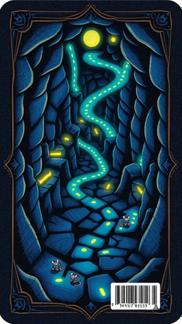 blue and black "Card back featuring a mystical dungeon maze design with glowing trails, tiny cartoon rats exploring paths, whimsical fantasy vibe, glowing runes, vibrant and colorful, symmetrical layout, polished illustration style."