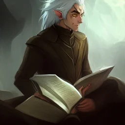 portrait of one single calm elf with white hair in brown suit reading a legendary book, fantasy character art, concept art, scribble style, somber, gloomy lighting, epic perspective, trending on artstation