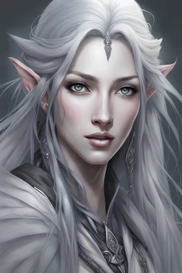 Hyper-realistic, highly detailed portrait, inspired by Yoshitaka Amano and Artgerm. Emphasize distinctly elven features: elongated, pointed ears and ethereal face. Woman with light grey, shoulder-length hair, light grey eyes, and chalky white skin. Dark fantasy attire: black scarf, black robe, bare arms.