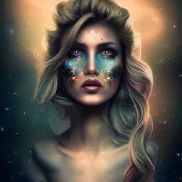 "perfect woman, full face tattoo of stars and galaxies extending past face and morphing into reality, 8k resolution, high-quality, fine-detail, intricate, digital art, detailed matte, volumetric lighting, illustration, octane render